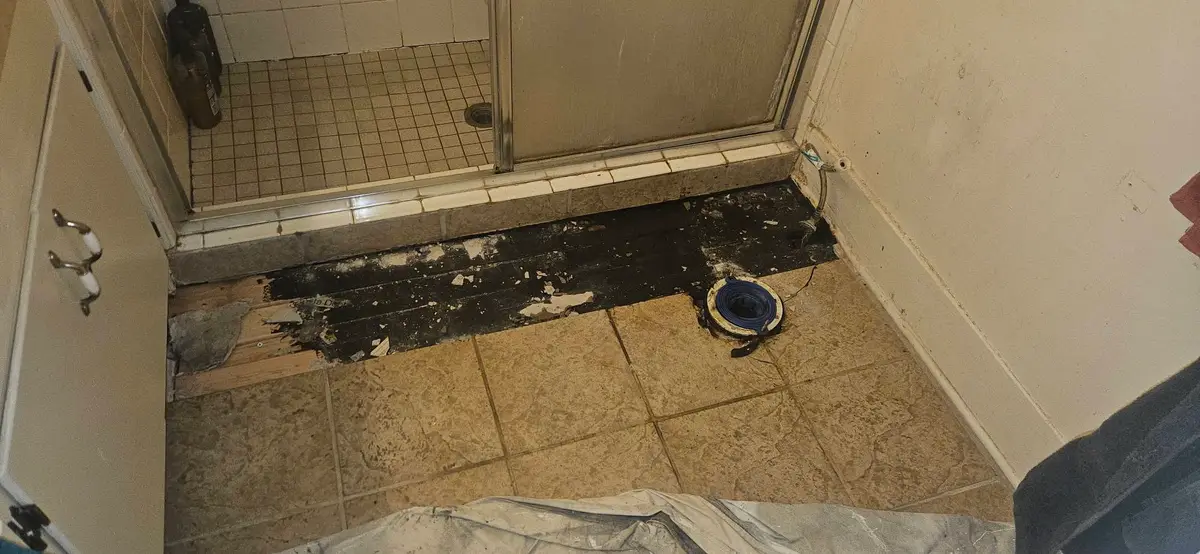 During: strip of vinyl floor cut out along the shower curb, exposing black adhesive and the closet flange.