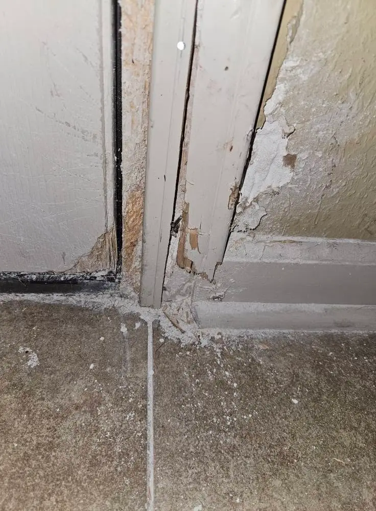 Before: split door jamb with the casing broken away and the paint flaking off the frame.